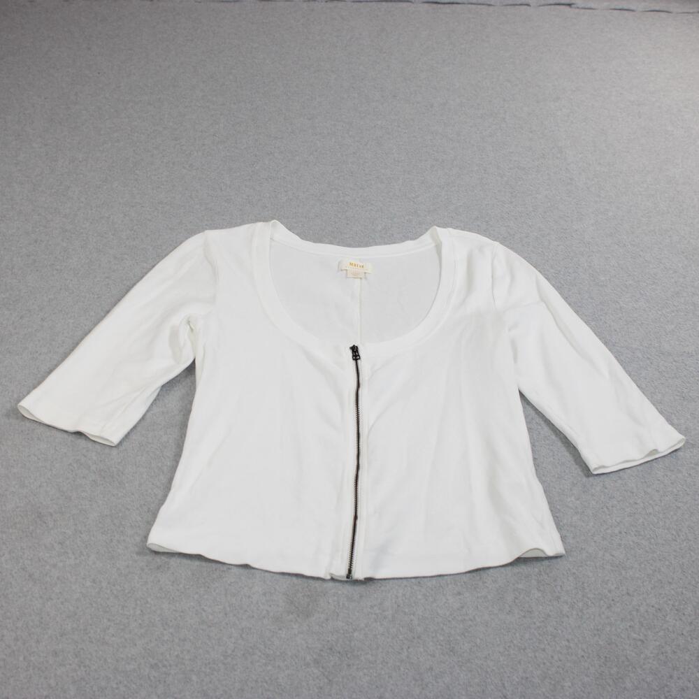Maeve Shirt Women Large White Zip Front Scoop Neck 3/4 Sleeve Cropped Stretch